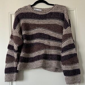 Zara Striped Open-Stitch Crewneck Sweater in Taupe & Brown